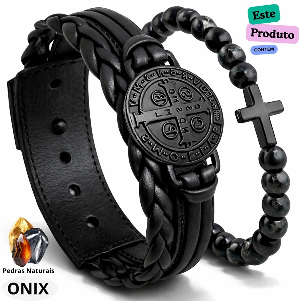 Kit Pulseira de Couro Medalhão São Bento